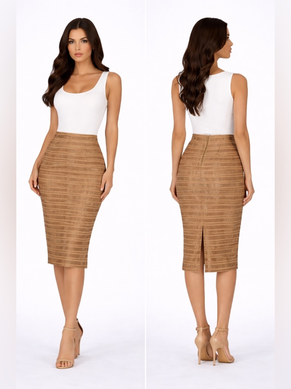High Heels by designer club High-Waist Tan Textured Pencil Skirt